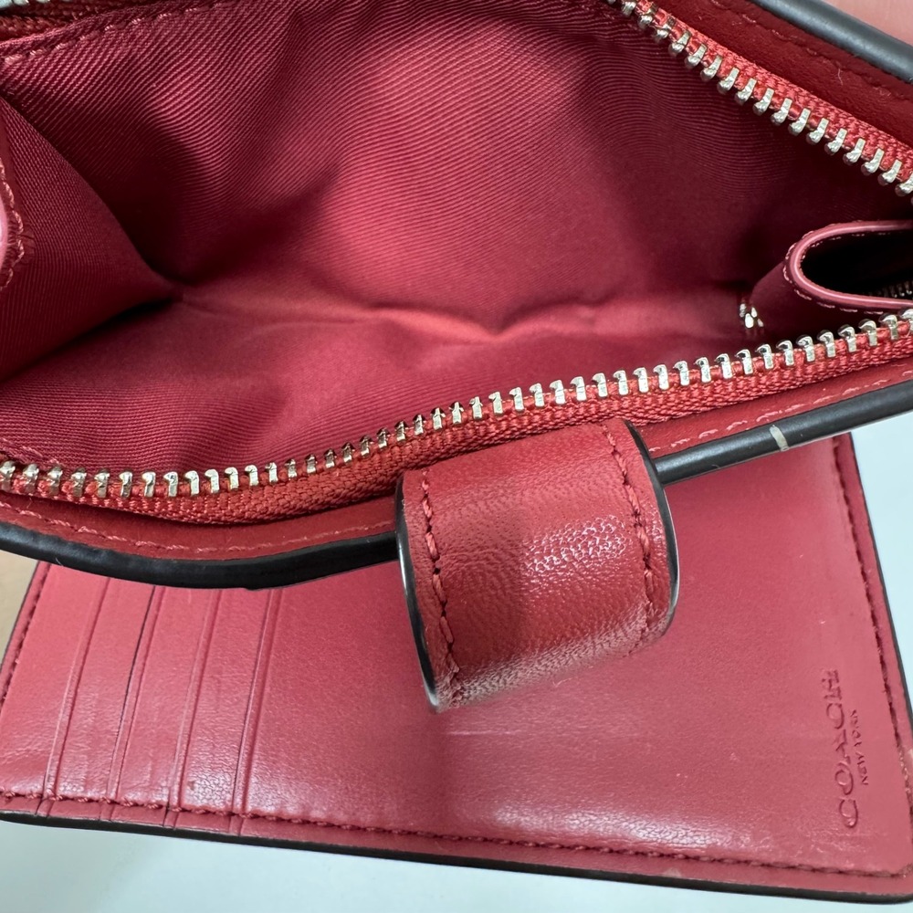Coach Red Signature Embossed Pebble Leather Medium Corner Zip Bifold Wallet - Picture 7 of 11